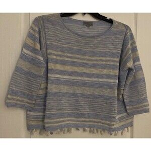 Joseph A. Women’s Striped Short Sleeve Top Fringe Hem Sz‎ M Blue White Oversized
